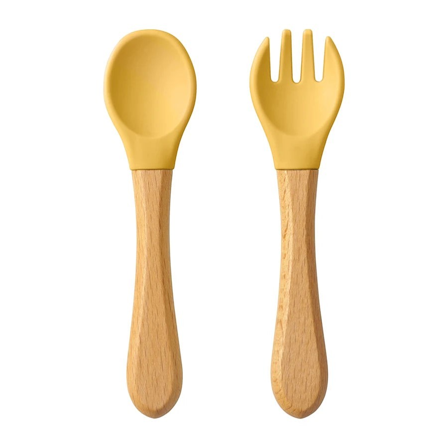 Dear Xime Wooden Handle Silicone Spoon & Fork Set โ Training Utensils | 6M+