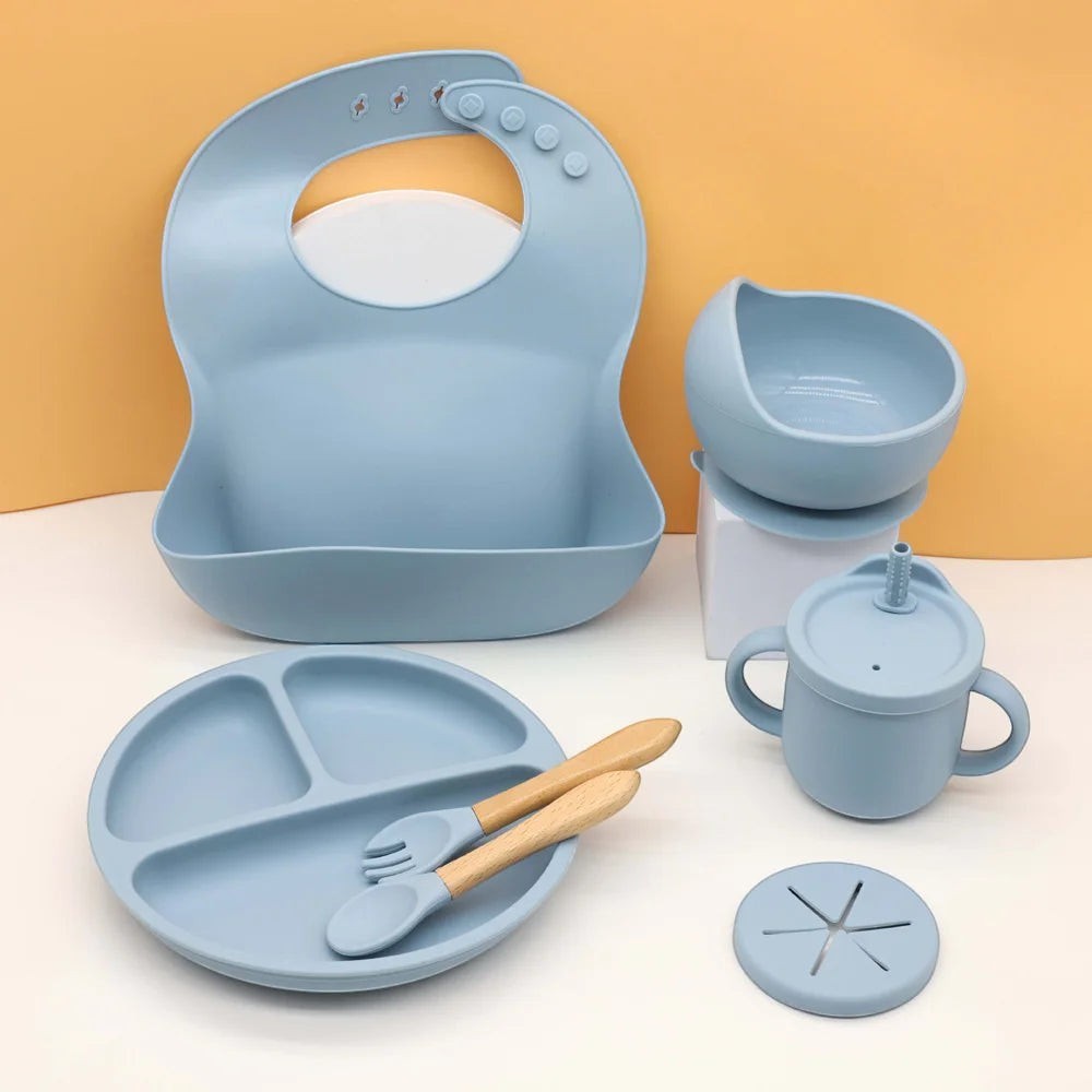 Dear Xime 7-Piece Silicone Mealtime Set — Suction Plate, Bowl, Bib, Cup, Snack Cup & Wooden Cutlery | 6M+