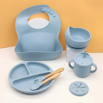 Dear Xime 7-Piece Silicone Mealtime Set — Suction Plate, Bowl, Bib, Cup, Snack Cup & Wooden Cutlery | 6M+